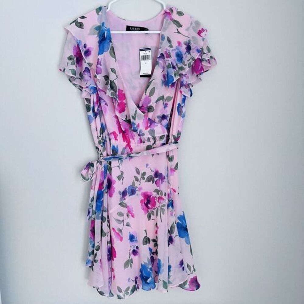 Ralph Lauren Ruffled Floral Fit Flare Pink Belted Georgette Dress Sz 8 NWT -$165